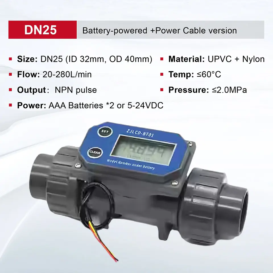 Medidor de Flujo Digital PVC Tipo Turbina DN15-DN80 - Pantalla LCD y Salida NPN 25