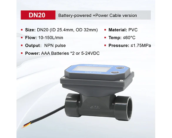 Medidor de Flujo Digital PVC Tipo Turbina DN15-DN80 - Pantalla LCD y Salida NPN
