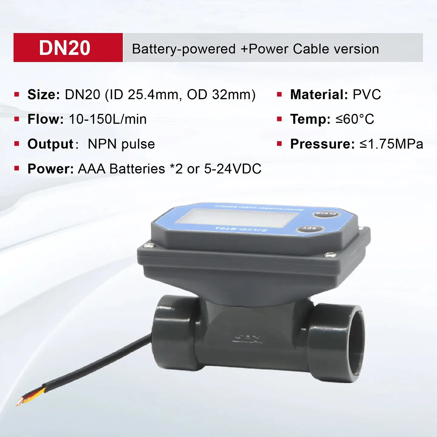 Medidor de Flujo Digital PVC Tipo Turbina DN15-DN80 - Pantalla LCD y Salida NPN 27