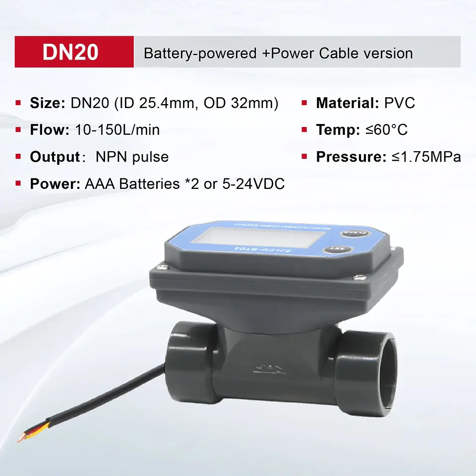 Medidor de Flujo Digital PVC Tipo Turbina DN15-DN80 - Pantalla LCD y Salida NPN 27