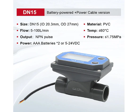 Medidor de Flujo Digital PVC Tipo Turbina DN15-DN80 - Pantalla LCD y Salida NPN