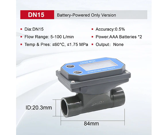 Medidor de Flujo Digital PVC Tipo Turbina DN15-DN80 - Pantalla LCD y Salida NPN