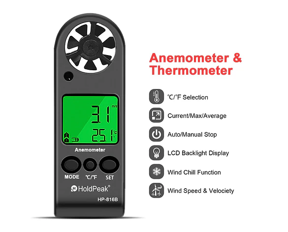 Anemómetro Digital Portátil Medidor de Velocidad del Viento