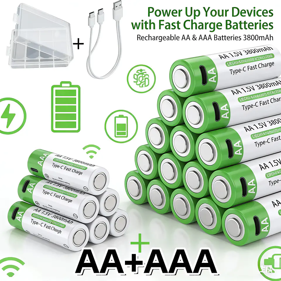 Baterías Recargables de Litio USB Tipo-C 1.5V AA y AAA Alta Capacidad 1