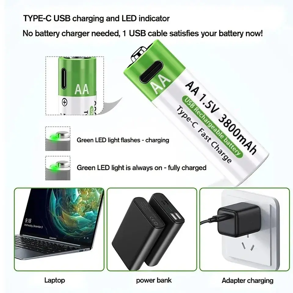 Baterías Recargables de Litio USB Tipo-C 1.5V AA y AAA Alta Capacidad 6
