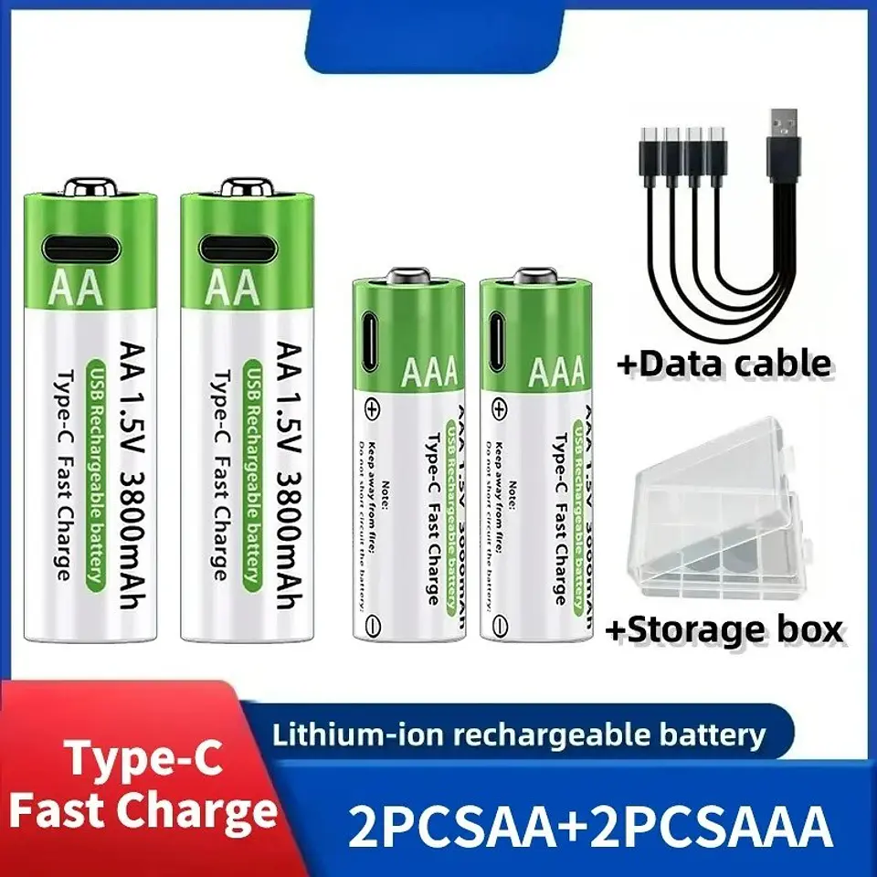 Baterías Recargables de Litio USB Tipo-C 1.5V AA y AAA Alta Capacidad 8