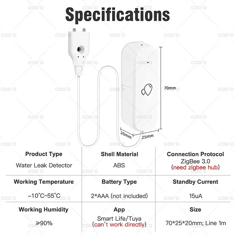 Sensor de Fugas de Agua Smart Life Tuya Inalámbrico ZigBee
