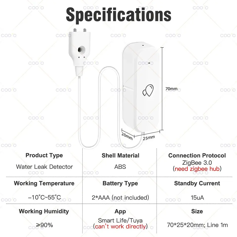 Sensor de Fugas de Agua Smart Life Tuya Inalámbrico ZigBee 2