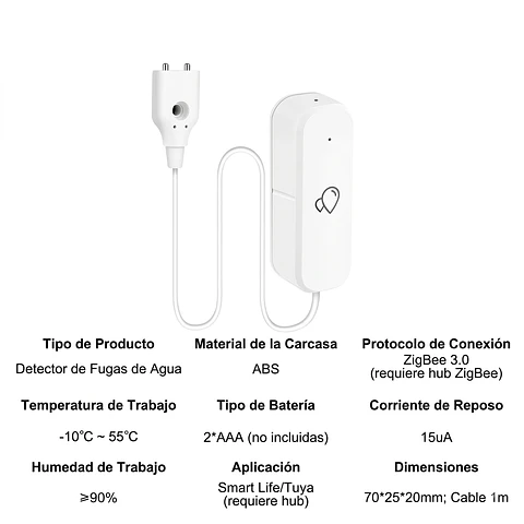 Sensor de Fugas de Agua Smart Life Tuya Inalámbrico ZigBee