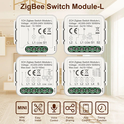 Módulo Relé Zigbee Oculto Sin Neutro 1, 2, 3 y 4 Canales Tuya