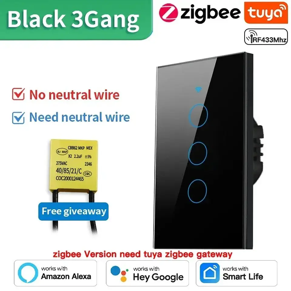 Interruptor Táctil Zigbee Sin Neutro 1/2/3 Teclas Blanco o Negro Tuya 10