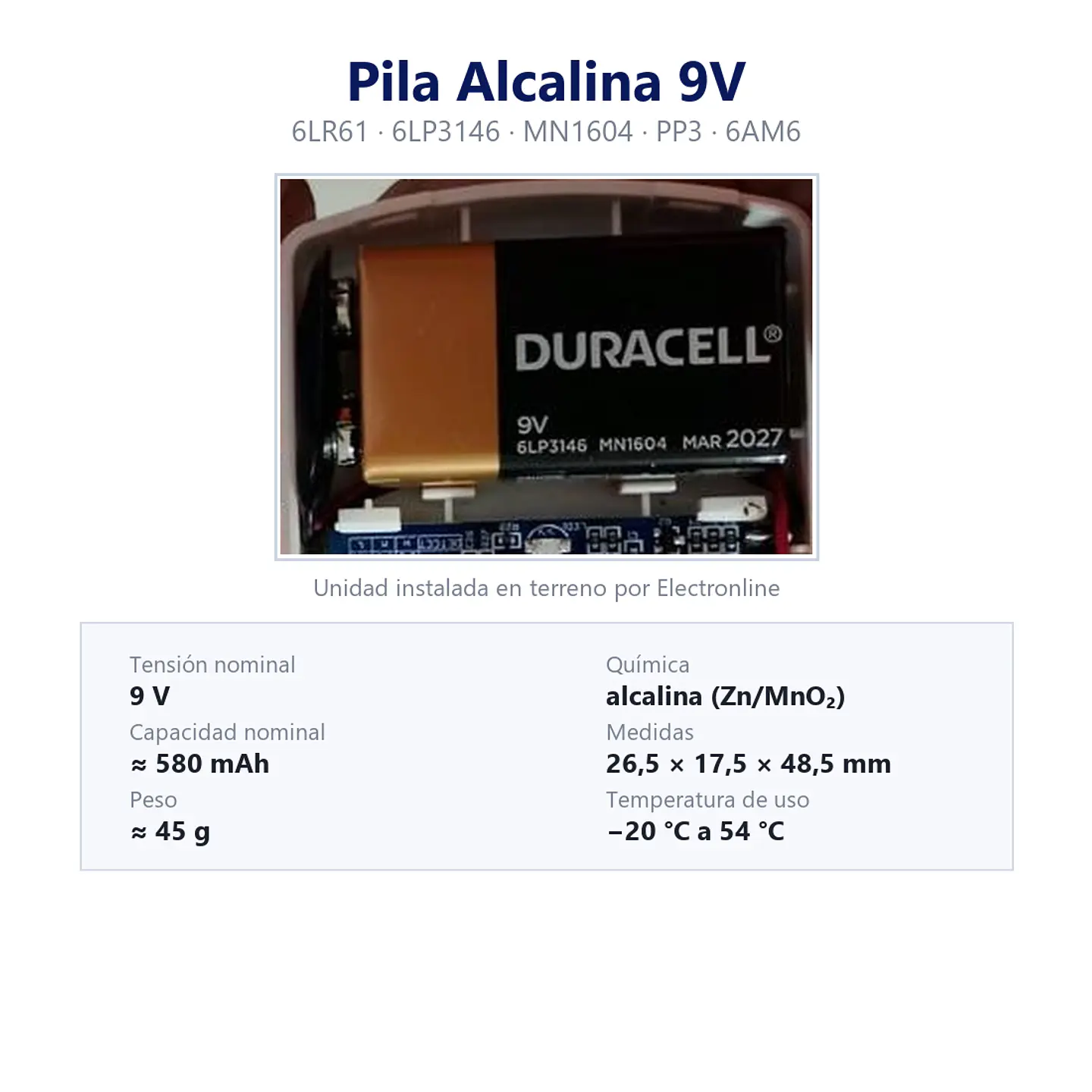 Pila Alcalina 9V 6LR61 para detectores de movimiento y alarmas 1