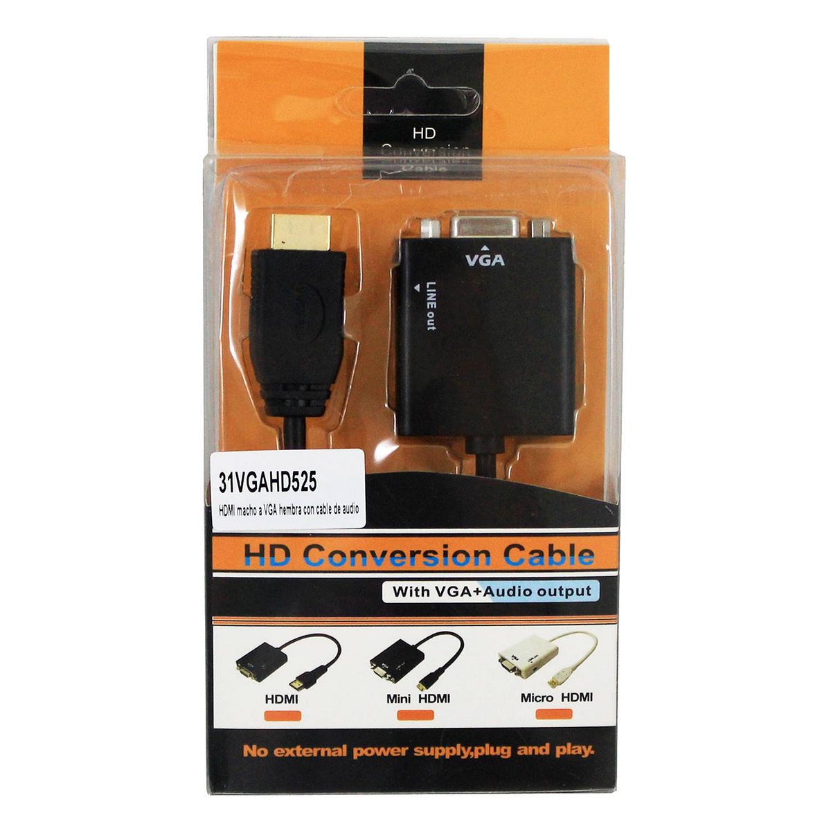 Cable Adaptador Convertidor de Video HDMI a VGA HD15 - 1920x1200 - 1080p