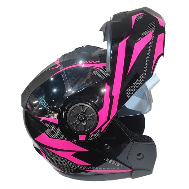 CASCO ABATIBLE CON MICA Y GAFA COLOR FUCSIA CON NEGRO  2