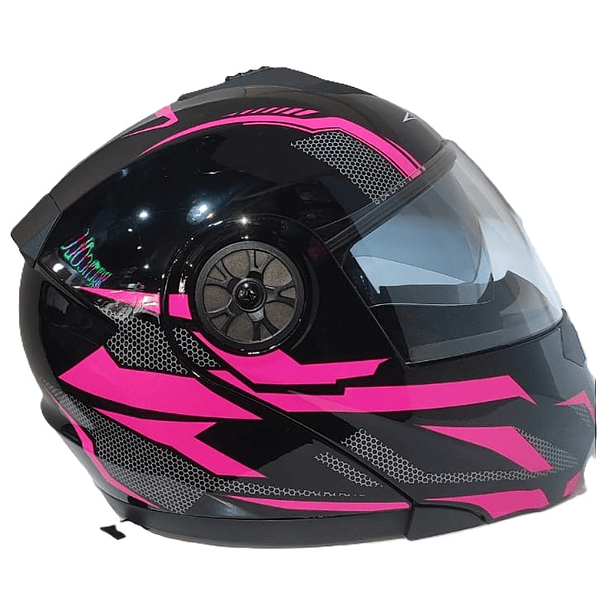 CASCO ABATIBLE CON MICA Y GAFA COLOR FUCSIA CON NEGRO  1