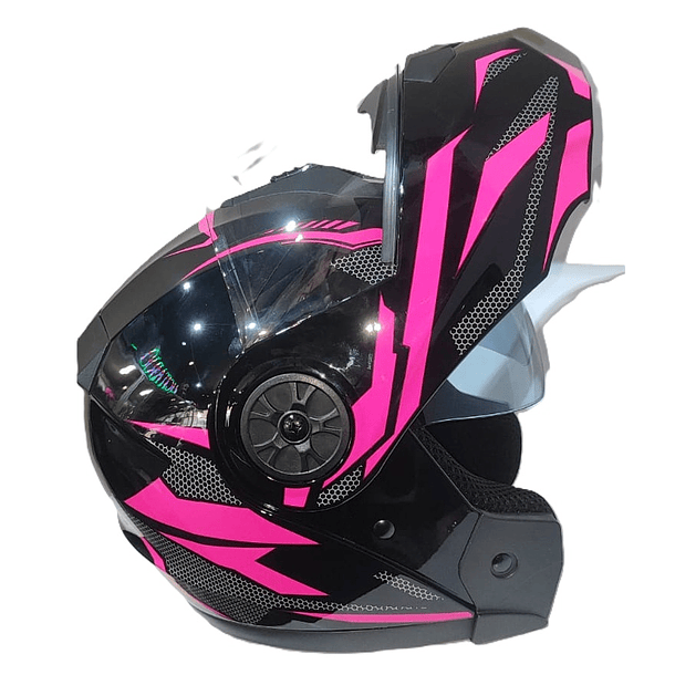 CASCO ABATIBLE CON MICA Y GAFA COLOR FUCSIA CON NEGRO  4