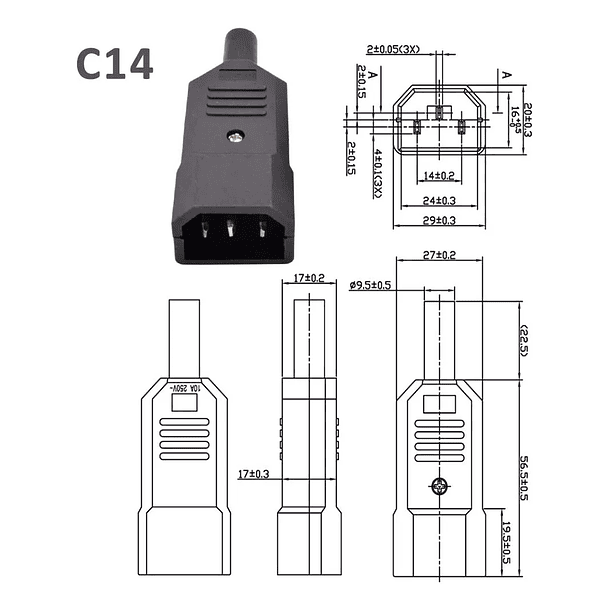 Conector aereo de Poder Macho c14 2