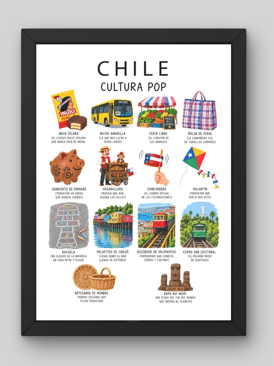 Cuadro Decorativo – Chile Cultura Pop: Ilustración de la Identidad Urbana y Cotidiana 1