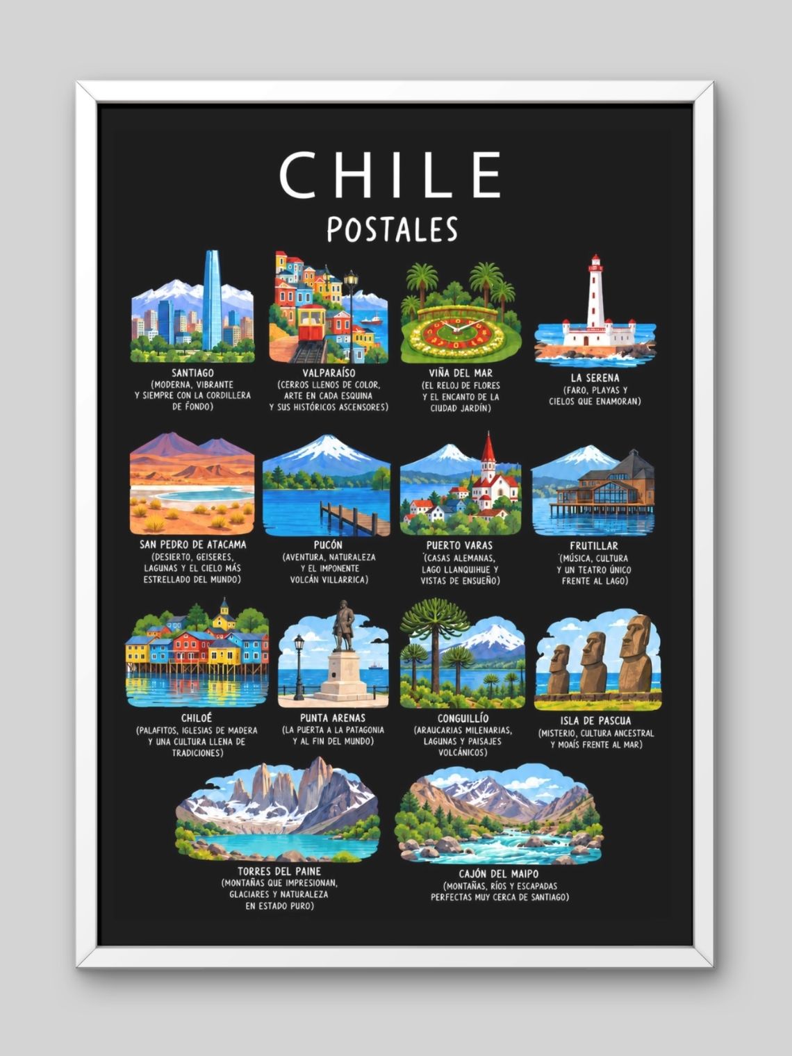 Cuadro Decorativo – Chile Postales: Ilustración de Destinos y Rincones Icónicos 2