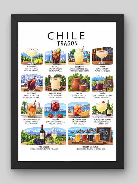 Cuadro Decorativo – Chile Tragos: Ilustración Coctelera y de Bebidas Típicas