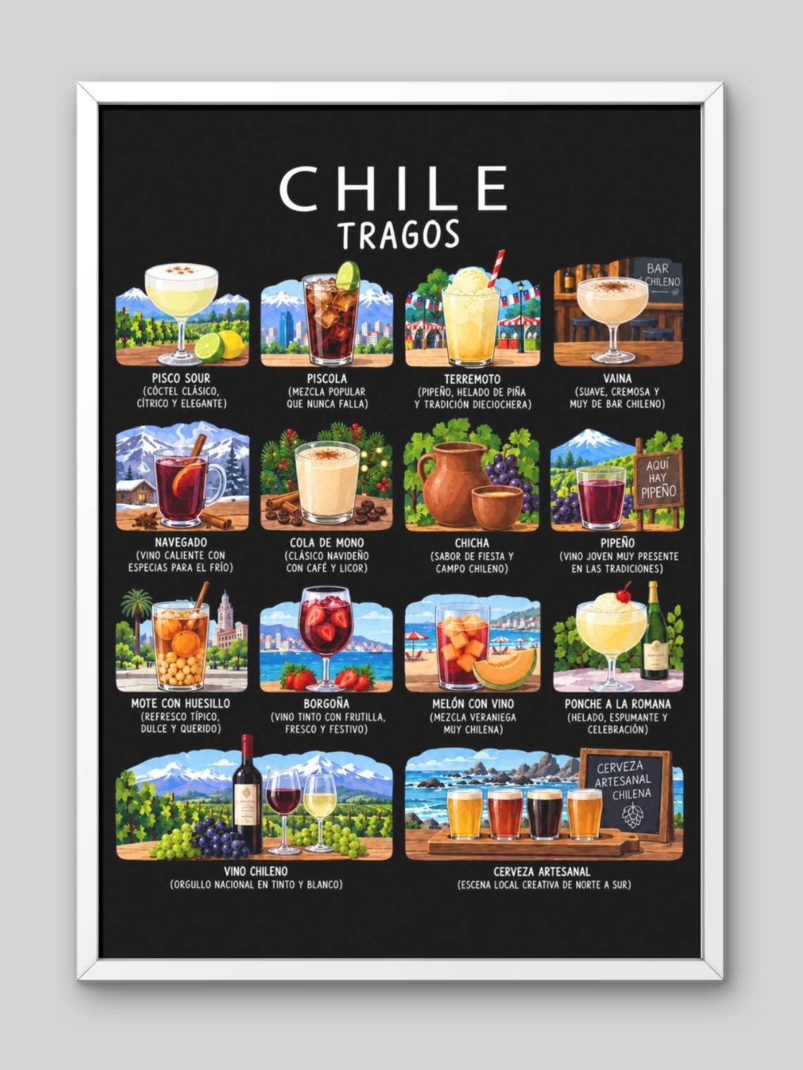 Cuadro Decorativo – Chile Tragos: Ilustración Coctelera y de Bebidas Típicas 2