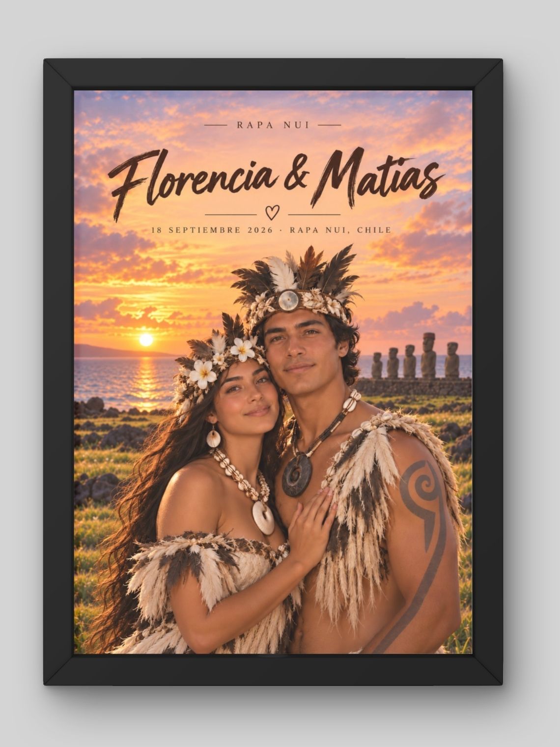 Cuadro Personalizado – Rapa Nui Personificación de Pareja en Atardecer Ancestral 1