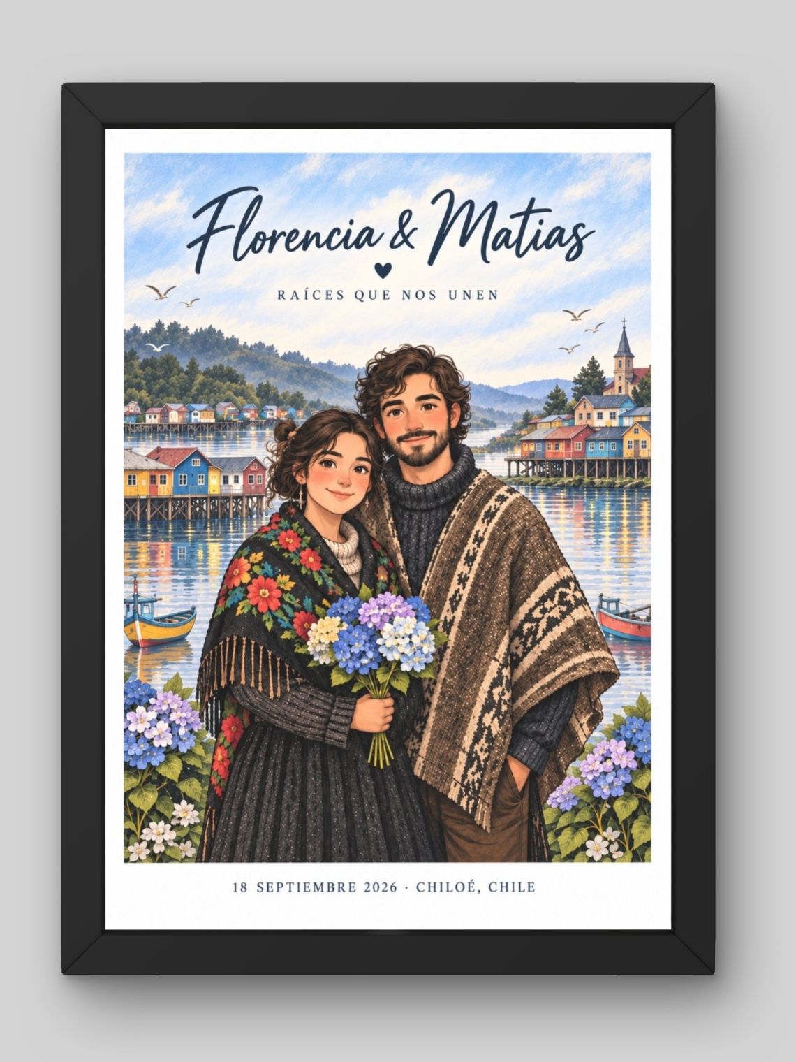 Cuadro Personalizado – Chiloé Personificación Ilustrada de Pareja en el Archipiélago 1