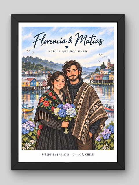Cuadro Personalizado – Chiloé Personificación Ilustrada de Pareja en el Archipiélago