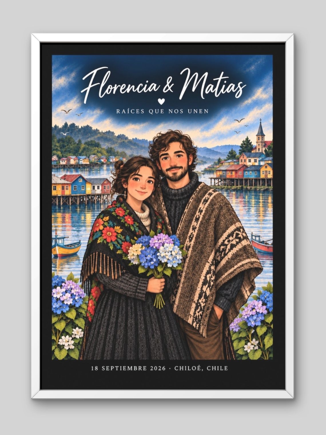 Cuadro Personalizado – Chiloé Personificación Ilustrada de Pareja en el Archipiélago 2