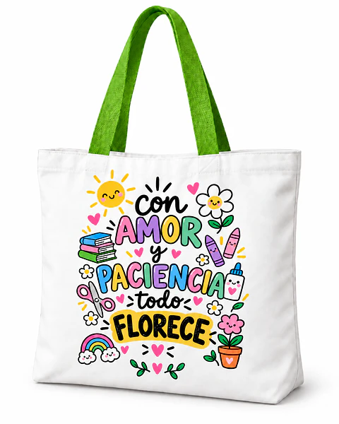 Totebag Creativo – Con Amor y Paciencia Todo Florece- Educadora de Párvulos