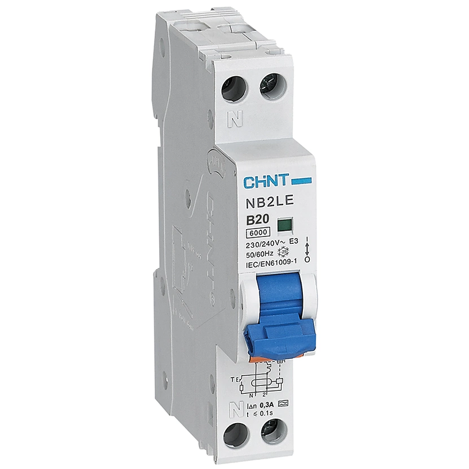 INTERRUPTOR AUTOMATICO RCBO 20A 1P+N CURVA B + DIFERENCIAL 300MA CLASE A 230VAC CHINT 1