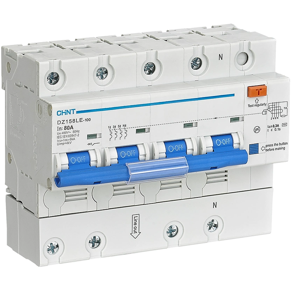 INTERRUPTOR AUTOMATICO RCBO 80A 3P+N CURVA C + DIFERENCIAL 300MA CLASE AC 400VAC CHINT 1