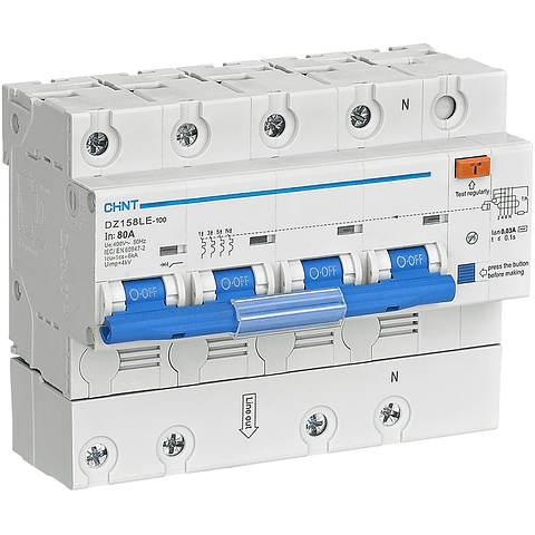 INTERRUPTOR AUTOMATICO RCBO 80A 3P+N CURVA C + DIFERENCIAL 30MA CLASE AC 400VAC CHINT