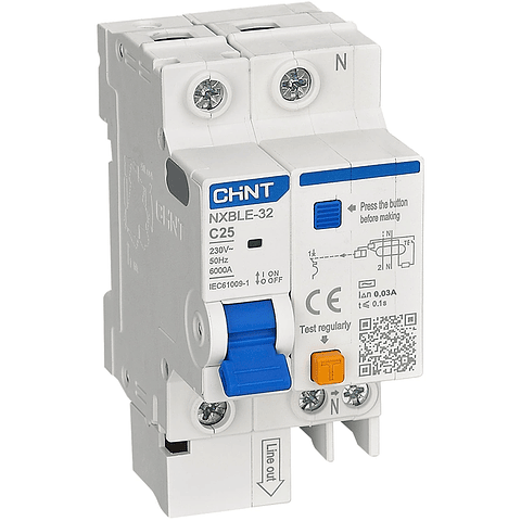 INTERRUPTOR AUTOMATICO RCBO 25A 1P+N CURVA C + DIFERENCIAL 30MA CLASE AC 230VAC CHINT