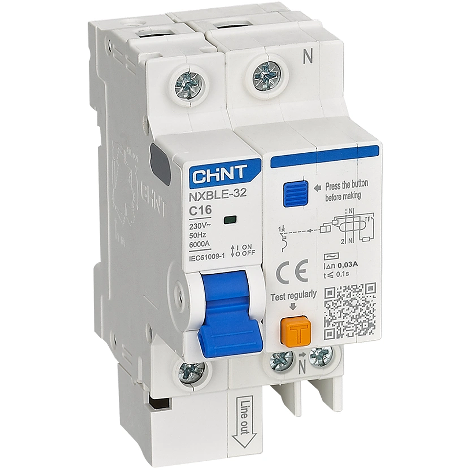 INTERRUPTOR AUTOMATICO RCBO 16A 1P+N CURVA C + DIFERENCIAL 30MA CLASE AC 230VAC CHINT 1