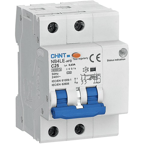 INTERRUPTOR AUTOMATICO RCBO CON PROTECCION DE ARCO 25A 1P+N CURVA C + DIFERENCIAL 30MA CLASE A 230VAC CHINT
