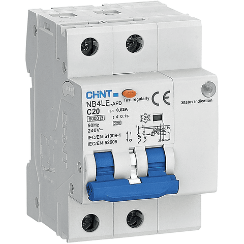 INTERRUPTOR AUTOMATICO RCBO CON PROTECCION DE ARCO 20A 1P+N CURVA C + DIFERENCIAL 30MA CLASE A 230VAC CHINT