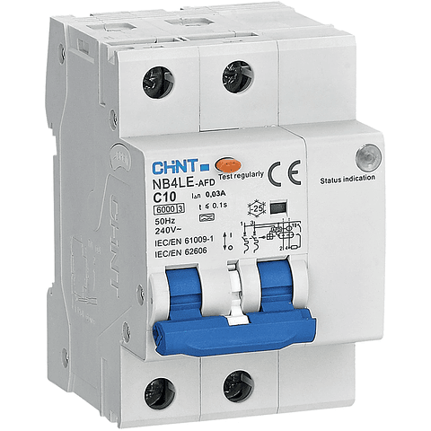 INTERRUPTOR AUTOMATICO RCBO CON PROTECCION DE ARCO 10A 1P+N CURVA C + DIFERENCIAL 30MA CLASE A 230VAC CHINT