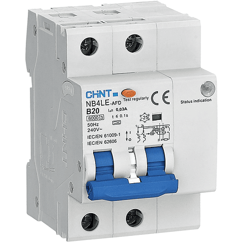 INTERRUPTOR AUTOMATICO RCBO CON PROTECCION DE ARCO 20A 1P+N CURVA B + DIFERENCIAL 30MA CLASE A 230VAC CHINT