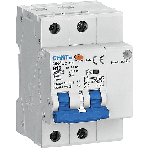 INTERRUPTOR AUTOMATICO RCBO CON PROTECCION DE ARCO 16A 1P+N CURVA B + DIFERENCIAL 30MA CLASE A 230VAC CHINT