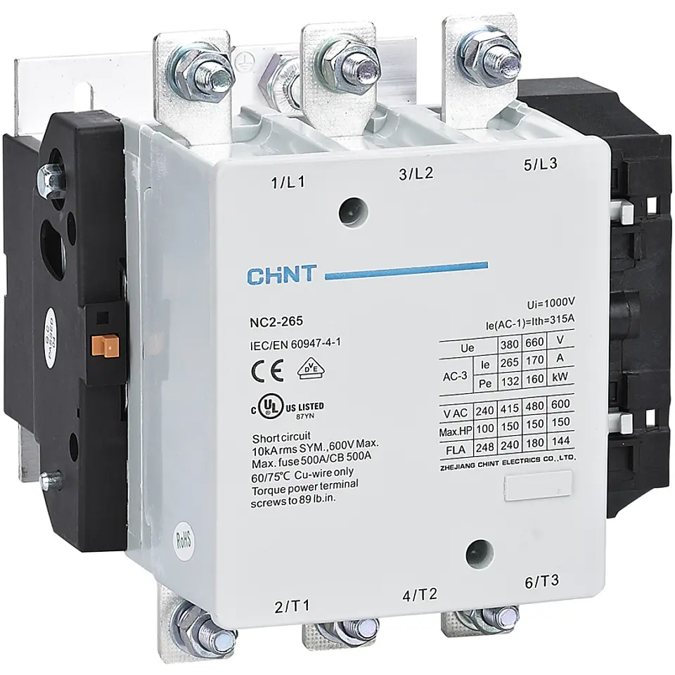 CONTACTOR TRIFASICO O TRIPOLAR 265A 3NA 400VAC 132KW CONTROL BOBINA 230VAC  NC2 CHINT 1