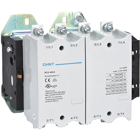 CONTACTOR TETRAPOLAR 400A 4NA 400VAC 200KW CONTROL BOBINA 230VAC  NC2 CHINT