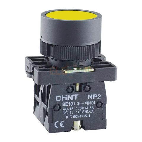 Pulsador Plano Amarillo, Contacto Modular 1Na+1Nc, Ø22Mm Chint