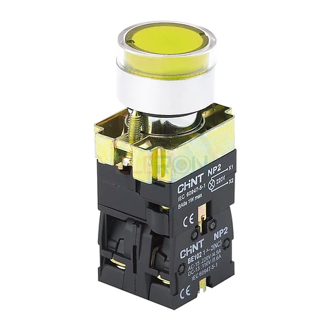 Pulsador Luminoso Amarillo, Metalico Led 220Vac,1Na+1Nc Ip40 Chint