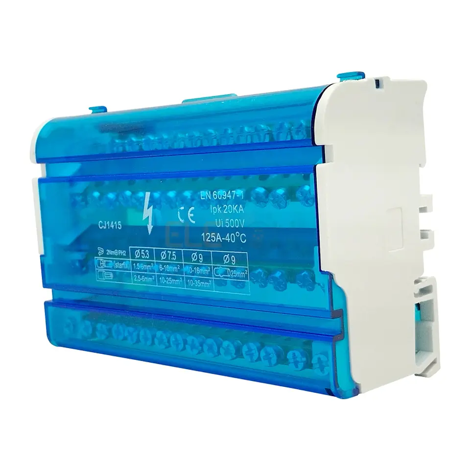 Repartidor Tetrapolar 4P 15 Salidas, 125A Montaje Riel Din 1