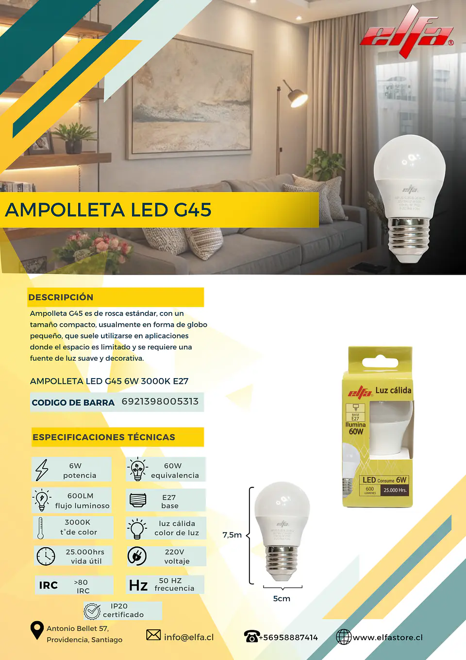 Ampolleta LED G45 6W E27 2