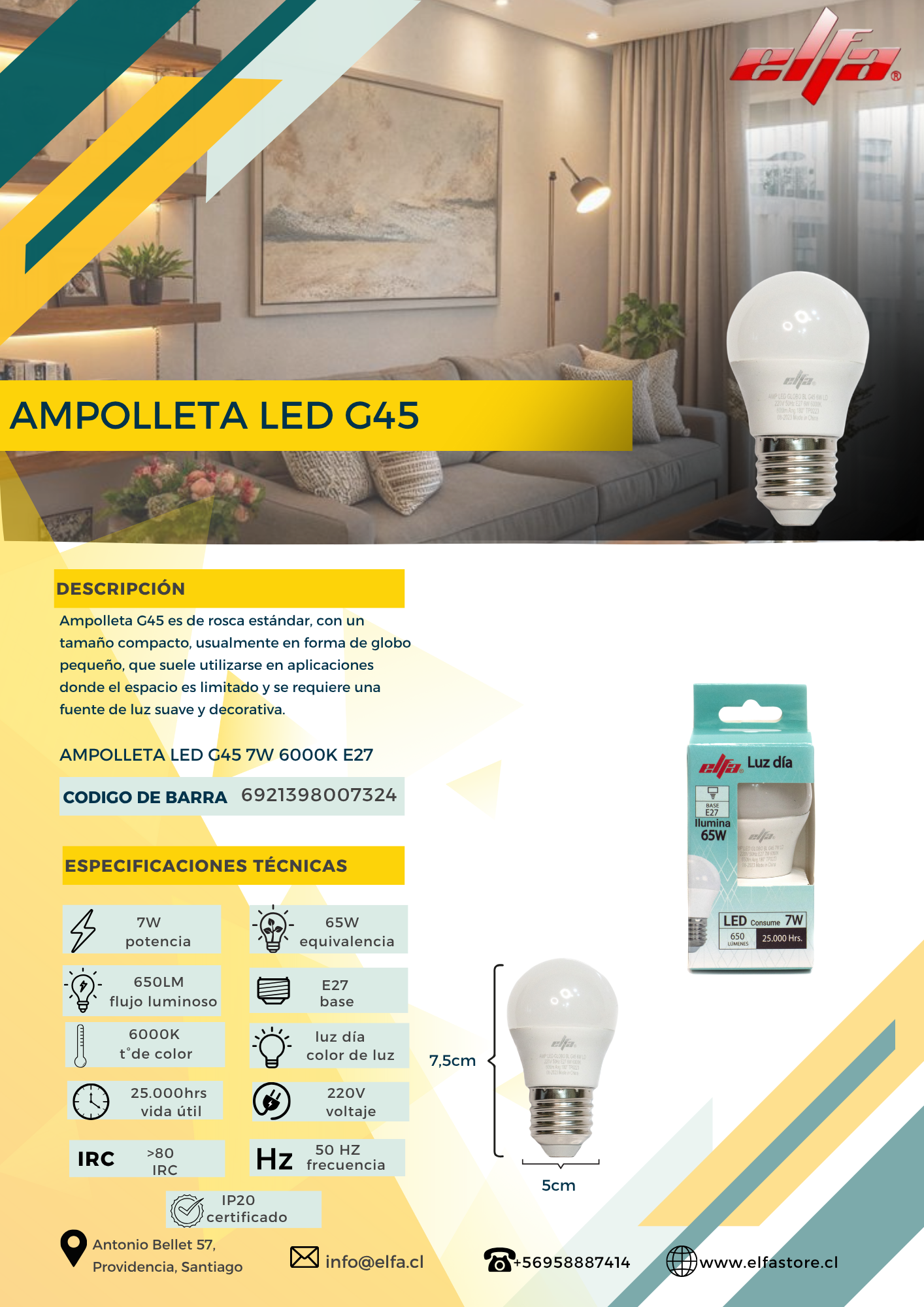 Ampolleta LED G45 7W E27 3