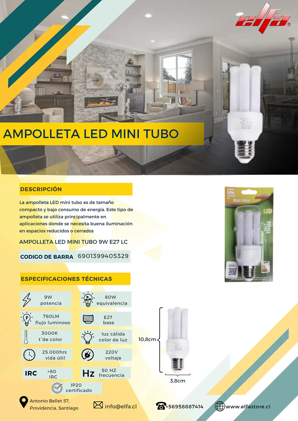Ampolleta LED Mini Tubo Elfa - 9W E27 Luz Cálida (3000K) 2