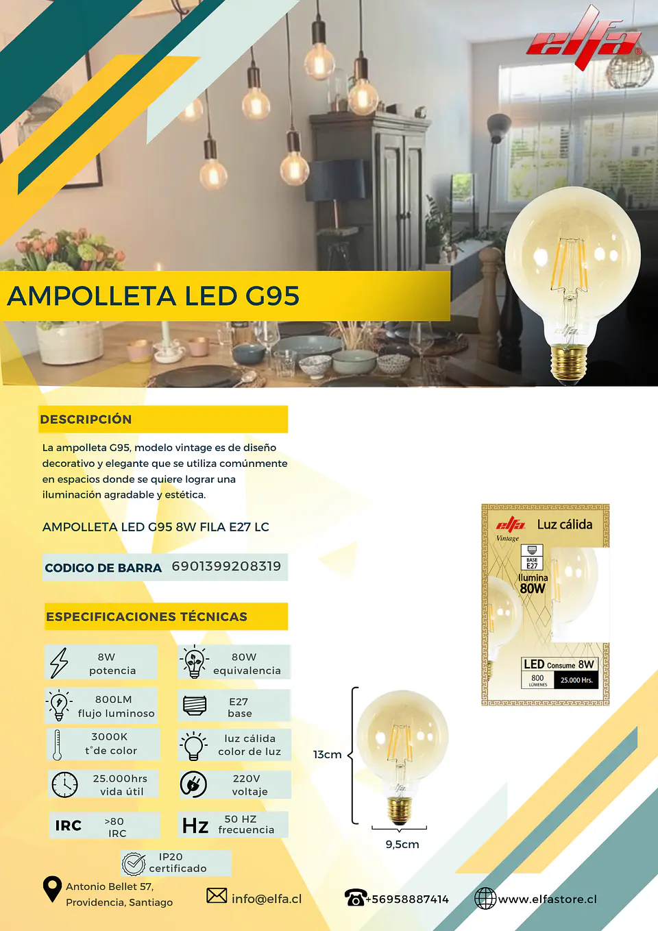 Ampolleta LED G95 8W E27  2