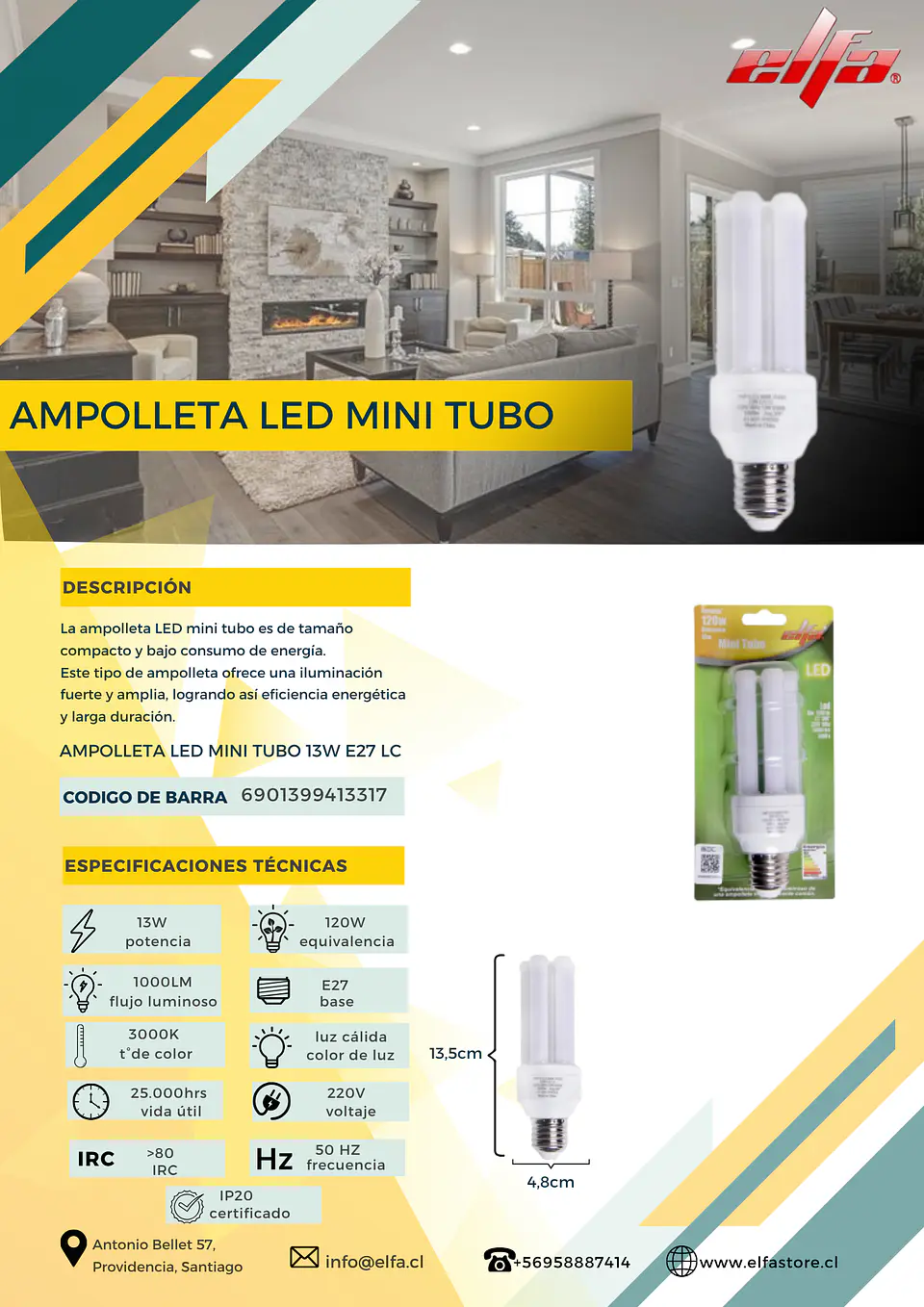 Ampolleta LED Mini Tubo 13W E27 LC 2
